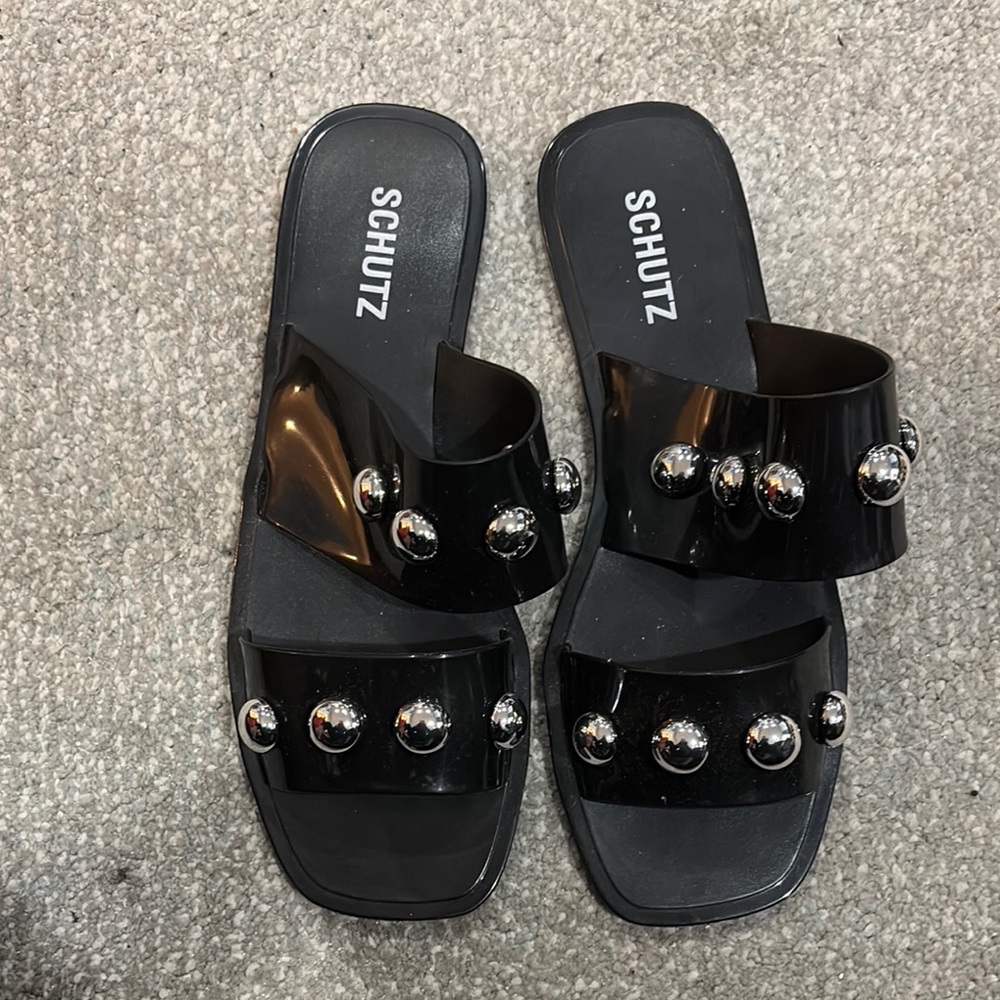 Schutz Black Slide Sandals with Silver Accents